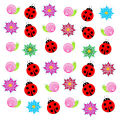 Spring background with flowers, ladybug and snails