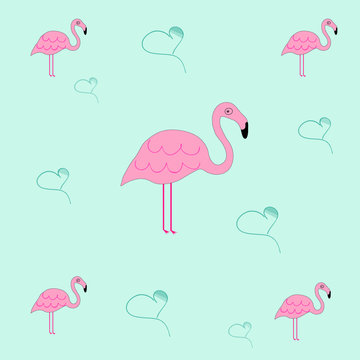 seamless tileable texture with flamingo and hearts - blue background