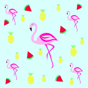 seamless tileable texture - flamingo with pineapple and strawberries