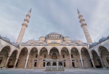 Fototapeta na wymiar Exterior low angle day shot of Suleymaniye Mosque, an Ottoman imperial mosque located on the Third Hill of Istanbul, Turkey, and the second largest mosque in the city. built in 1557