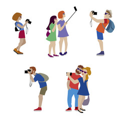Vector Illustration of travellers taking a photo and selfie using camera and mobil. Flat illustration of young woman and man character by shooting.