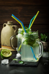 Mojito cocktail of fresh lime and mint with ice