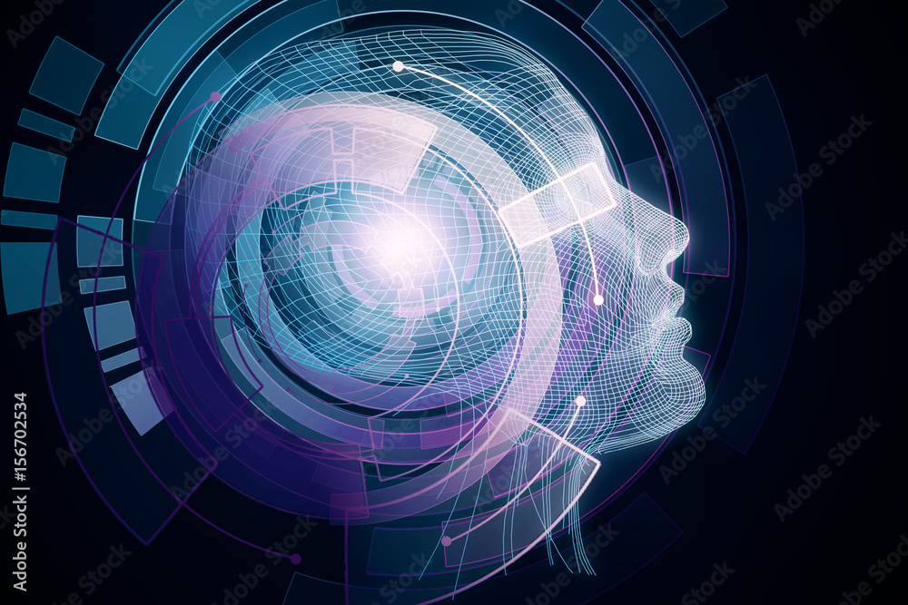 Poster robot with digital colorful brain