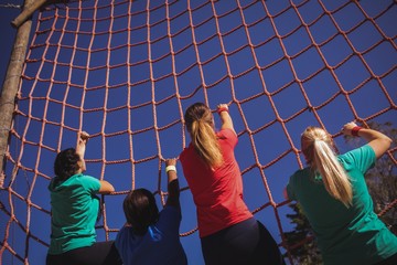 Group of fit woman climbing a net during course 