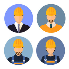 Set of avatars of the builders. Builders. Circle flat icons style. Male Builder. Woman Builder. Stock vector.