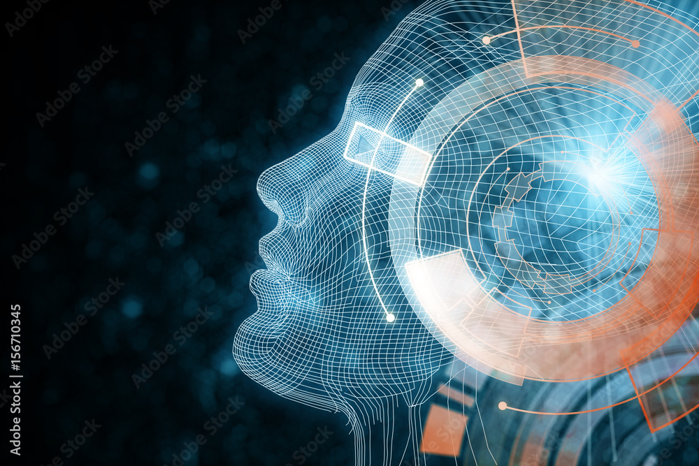 Poster robot with digital turquoise brain