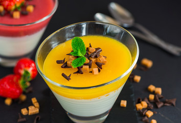 Mango and strawberry panna cotta