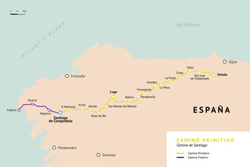 Camino Primitivo map. Original route from Oviedo. Camino De Santiago or The Way of St.James. Ancient pilgrimage path to the Santiago de Compostella on the north of Spain.