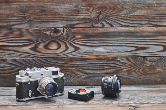 Vintage Old Retro 35mm Rangefinder Camera And Light Meter