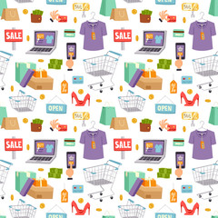 Supermarket web shop cartoon vector seamless pattern background