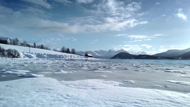 Drone flight over ice water