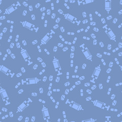 Diffetent Pills Isolated on Blue Background. Seamless Medical Pattern
