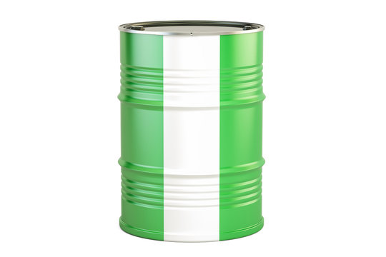 Oil barrel with flag of Nigeria. Oil production and trade concept, 3D rendering