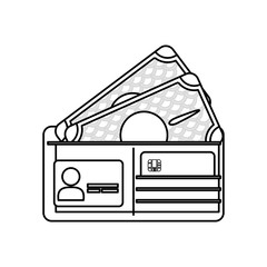 line wallet with credit card and bills cash money, vector illustration