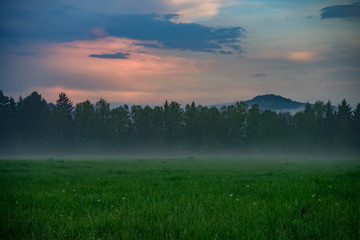 Amazing warm sun light above the forest valley of czech national park bohemian switzerland