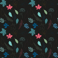 Vector floral pattern with stylized leaves, chestnut tree leaves , dill and fireweed flowers  outlines.