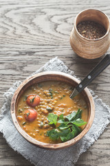 Bowl of lentil curry: top view