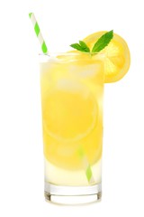 Glass of lemonade with straw isolated on a white background