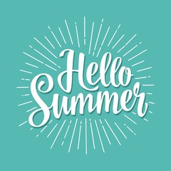 Hello summer hand drawn lettering with rays. © MoreVector