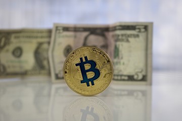 Gold bitcoin coin and US Dollars
