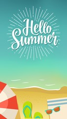 Obraz premium Hello summer hand drawn lettering with rays on beach background.