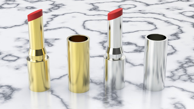 3D illustration silver and gold red lipstick