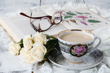 waffles with fresh blueberries and flowers.Breakfast