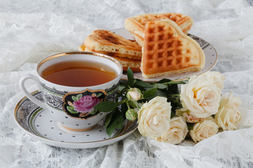 waffles with fresh blueberries and flowers.Breakfast