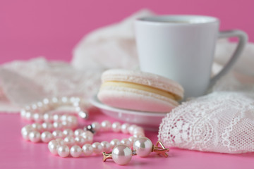 bathroom counter with coffee, vintage pearls jewelry
