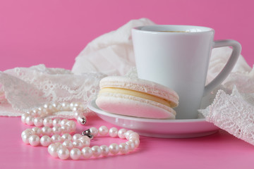 bathroom counter with coffee, vintage pearls jewelry