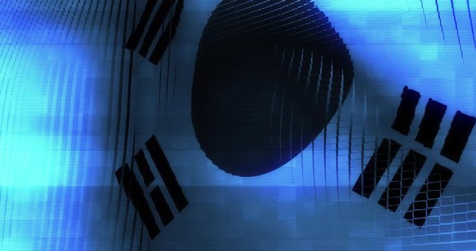 Futuristic Glitching South Korean flag waving in computer technology ominous environment