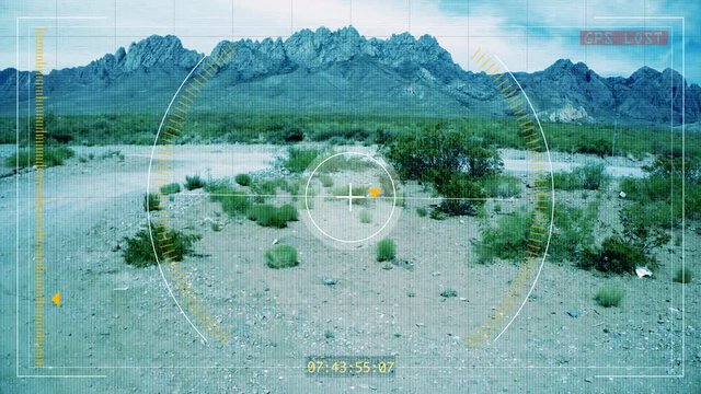 Drone View Crashing to the Ground with HUD Display. HUD display of a drone view losing GPS signal and hitting the ground on a hard landing
