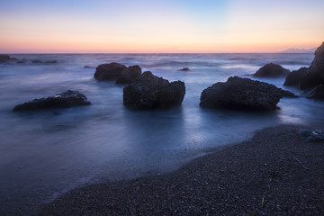 Coastline in sunset time at the Ionian sea, Greece