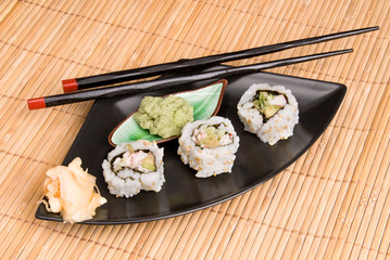 Sushi meal on bamboo placemat