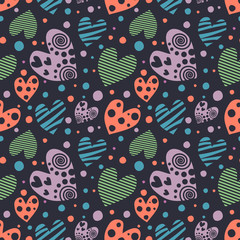 Fototapeta premium Seamless vector pattern with hearts. Background with hand drawn ornamental symbols. Template for wrapping, decor, surface, cards, backgrounds, textile, print. Repeat ornament. Series of Love Patterns.
