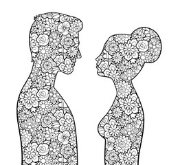 Male and female silhouettes with flowers inside them. Man and woman looking to each other. Couple of lovers. Antistress coloring page for adults. Monochrome vector image, isolated on white