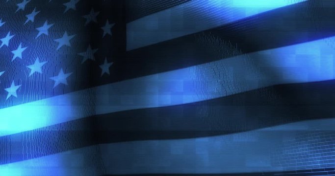 Futuristic Glitching American flag waving in computer technology ominous environment