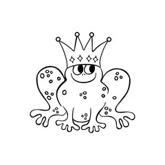 frog wearing a Crown. outlined cartoon handrawn sketch illustration vector.