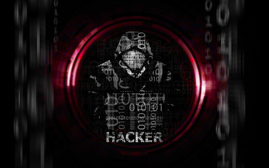 Hacker man in hoodie with laptop flat isolated on dark background