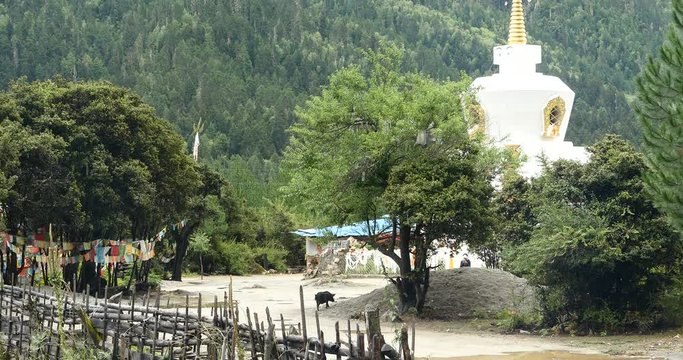 4k tibet people walking around buddhist white stupa in village,cloud cover mountain.