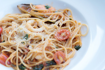 spaghetti sea food on white plate