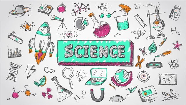 Doodle cartoon animation of science, chemistry, physics, astronomy and biology school education subject used for presentation title in 4k ultra hd
