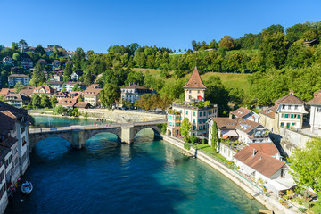 Fototapeta na wymiar Bern old city center with river Aare - view of bridge - Capital of Switzerland