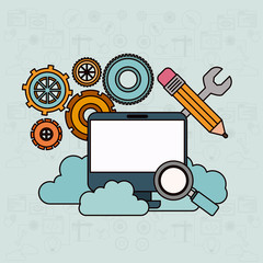 background with desktop computer and search tools cloud service vector illustration