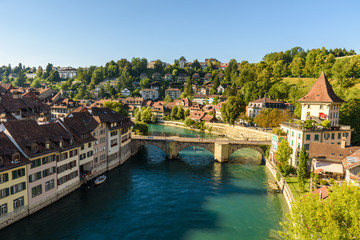 Fototapeta na wymiar Bern old city center with river Aare - view of bridge - Capital of Switzerland