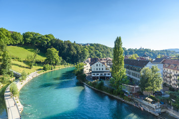 Bern old city center with river Aare - view of bridge -  Capital of Switzerland
