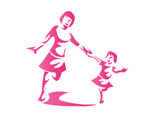 Naklejka na ściany i meble Modern Mother And Baby Logo - Pink Mother And Daughter Running While Holding Hand Silhouette