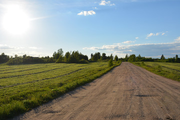 Beautiful evening rural horizontal landscape: a road between fields with sloping green grass and a descending bright sun, farming, haymaking, agriculture, nature, summer