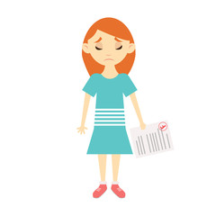 Sad girl holding test paper with F mark