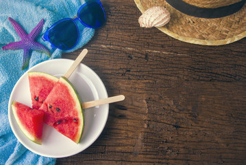 summer prop with melon ice cream in top view